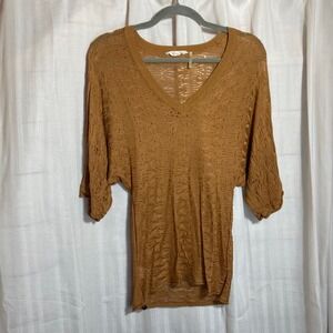 Bohemian Earthy Brown Knit V Neck Dolman Sleeve Sweater Top Women XS Boho Casual